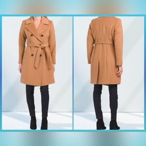 Anne Klein Cashmere Wool Blend Camel Double-Breasted Belted Trench Coat